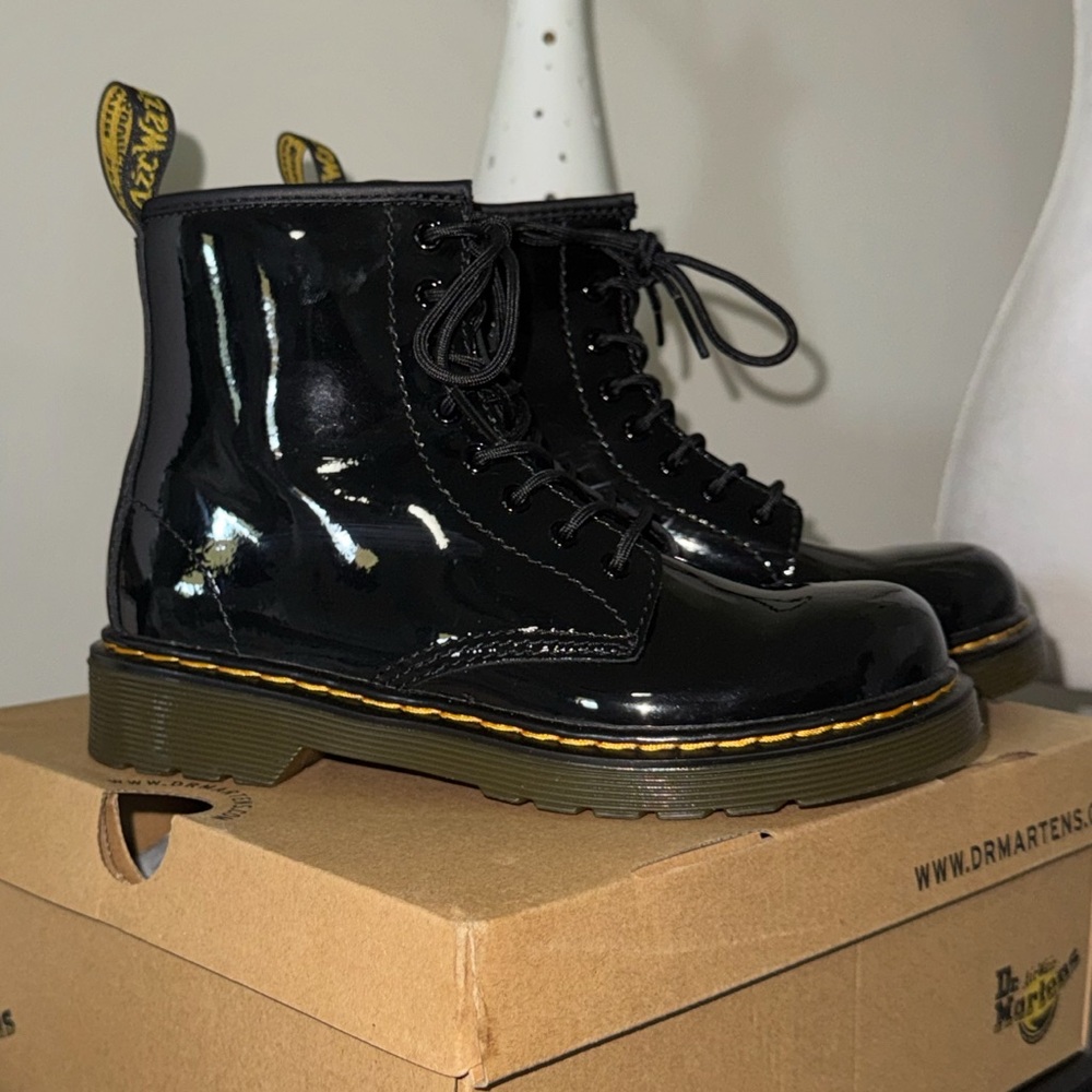 Dr. Martens Shiny Black Kids Boots with Yellow Stitching